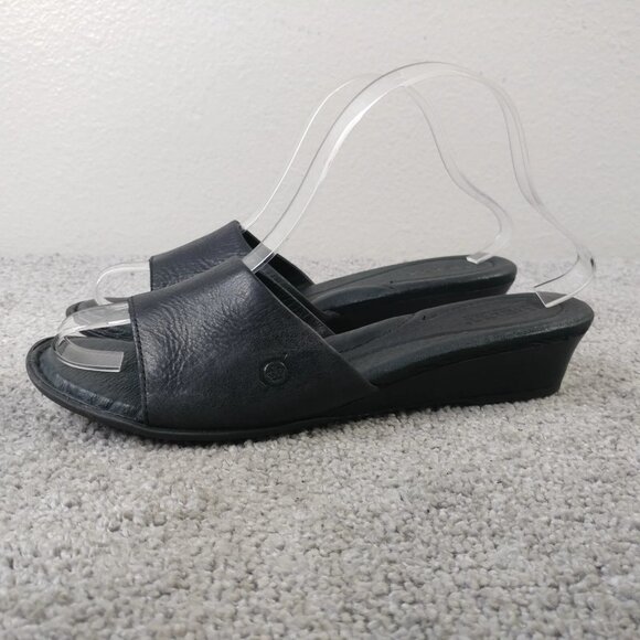 Born Sandals Womens Size 9 Shoes Slip On Black Soft Leather Wedge Open Toe - Picture 2 of 8